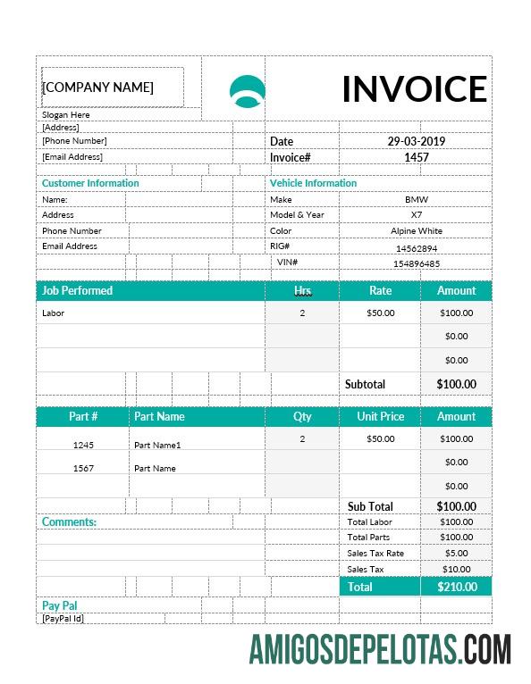 imprimível Modelo de fatura de conserto de carro